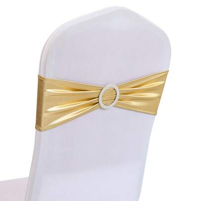 Metallic Chair Cover Gold Spandex Chair Sashes - 50pcs Premium Stretch Bows With Buckle Slider, Universal Elastic Bands For Wedding Party Banquet Decoration Decorative Bow, Smooth Texture,Elegant Stretchable Satin-Like