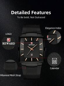 REWARD REWARD Men's Quartz Watch Business Fashion Style Timing Calendar Luminous Hands Multi-Functional Men Wristwatch High Quality Gift Classic Design Stainless Steel Watch Band