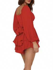 Women Puff Long Sleeve Romper Off Shoulder Ruffle Flowy Short Jumpsuit Layered Pirate Dress With Shorts Playsuit - Red - View 2