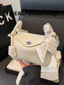 时尚新款女士单肩/斜挎水桶包，简约纯色 PU 皮革蜥蜴纹理设计，围巾包裹手柄，个性金属扣装饰，大容量通勤购物手提包 - 白色 - 查看 8