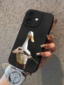 1 pieza Funda de teléfono suave de TPU negro con protección de cámara Ojo de halcón preciso y diseño de pato divertido con arma, compatible con Apple 16 Pro Max, 15, 14, 13, 12, 11 Pro Max Plus Mini, 16E, XR/X/XS Max
