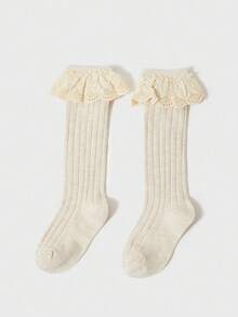 3 Pairs Kids Floral Lace Trim Solid Color Knee High Socks, Cute And Sweet For Girls' Everyday Wear, Spring/Summer - Multicolor - View 6