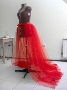 1pc European & American Style Tulle Skirt With Waist Tie & Detachable Lining, Available In Black, White, Red