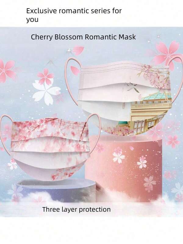 10pcs Outdoor Decorative Cherry Blossom Face Mask, Romantic Floral Print 3-Ply Meltblown Fabric Protective Fashion Face Covering For Women