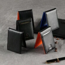 Ultra-Thin Wallet For Men, Premium RFID Blocking Bifold Leather Wallet, Stainless Steel Money Clip, Gift For Men, Solid Color Anti-Theft Synthetic Leather