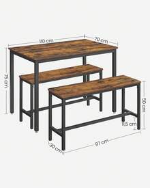 Conjunto de Mesa de Comedor y 2 Sillas, Juego de 3 Piezas, Mesa de 70 x 110 x 75 cm, 2 Taburetes de 30 x 97 x 50 cm Cada Uno, Marco de Acero, Marrón Rústico y Negro - Marrón - Ver 4