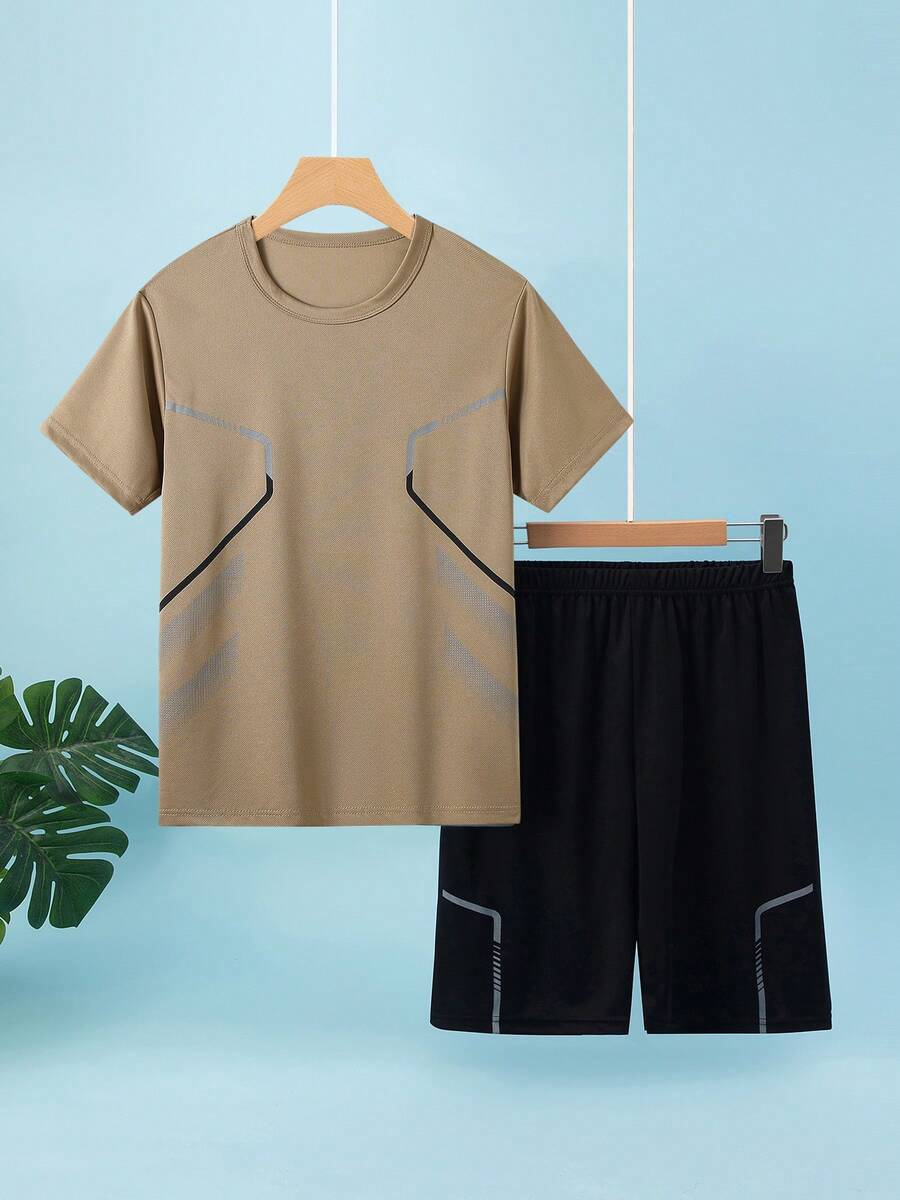 Set de 2 piezas de ropa deportiva para adolescentes varones, camiseta de manga corta y pantalones cortos deportivos, conjunto ligero de verano - Multicolor - Ver 1