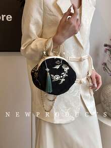 low tea 夏季女士斜挎包，新款夹开口汉服包，中式随意纹手提包，新款中式单肩斜挎包 - 黑色 - 查看 6