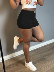 女士高腰紧身休闲牛仔短裤 - 黑色 - 查看 4