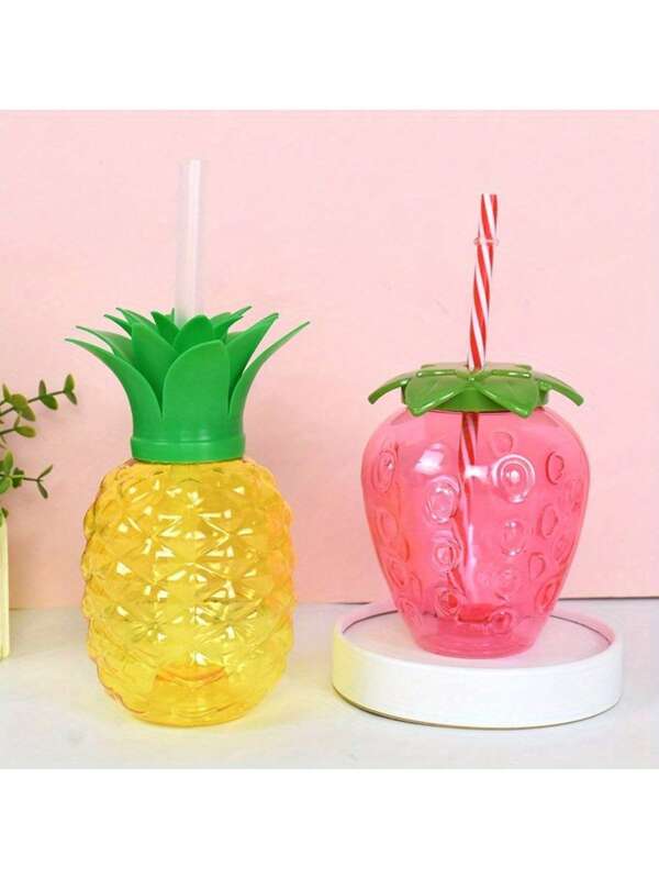 Tropical Fruit Theme Plastic Cup With Straw - Pineapple And Strawberry Design, Suitable For Hawaii Camping, Birthday Parties, And Beach Decoration, Reusable Beverage Cup, Party Essential | Tropical Party Decoration | Durable Plastic Cup, Beach Party Supplies