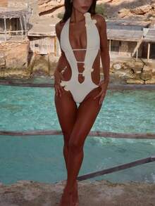 Women's 3D Floral One White Piece Swimsuit Pearl Tie Hollow Out Swimwear Tropical Summer Beachwear Bathing Suit Bodys - 白色 - 查看 3