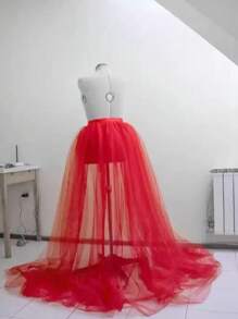 1pc European & American Style Tulle Skirt With Waist Tie & Detachable Lining, Available In Black, White, Red