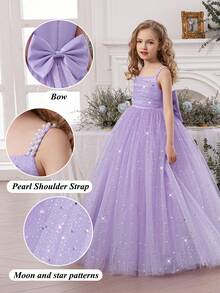 Tween Girl Pearl Strap Star Mesh 3D Bow Lavender Christmas Dress, Elegant Princess Dress Suitable For Girls Birthday Gift, Teenager Party, Wedding, Flower Girl, Thanksgiving, Graduation - Mauve Purple - View 5