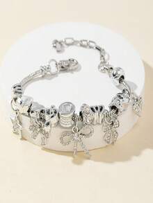 1 Peça Pulseira Feminina Luxuosa e Elegante, Feita à Mão com Contas, Strass, Laço, Estrela, Nota Musical, Ajustável e Destacável, Adequada como Presente para Mulheres, Apropriada para Bar, Balada, Viagem, Festa, Uso Casual Diário - Prata - Visão 2