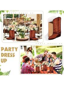 6 件套 - 棕色西部牛仔靴花朵中心装饰靴形盒西部主题派对装饰女牛仔生日派对牛仔婴儿洗礼婚礼用品 - 棕色 - 查看 3