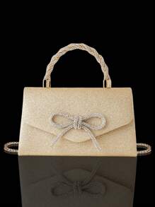 Bolso de mano de mujer nuevo brillante con strass, elegante bolso de fiesta, fashionable bolso de novia con lazo, juego de 3 piezas con strass brillantes: collar colgante de strass lujoso y exquisito, aretes, pulsera. Combinable con vestido de noche de lentejuelas, vestido de novia, vestido de fiesta. Adecuado para boda, cena, fiesta, baile.