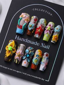 10 片热带花卉和昆虫浮雕 3D 指甲贴，复古 Y2K 坏蛋风格，优雅，适合女性和女孩按压指甲美甲用品