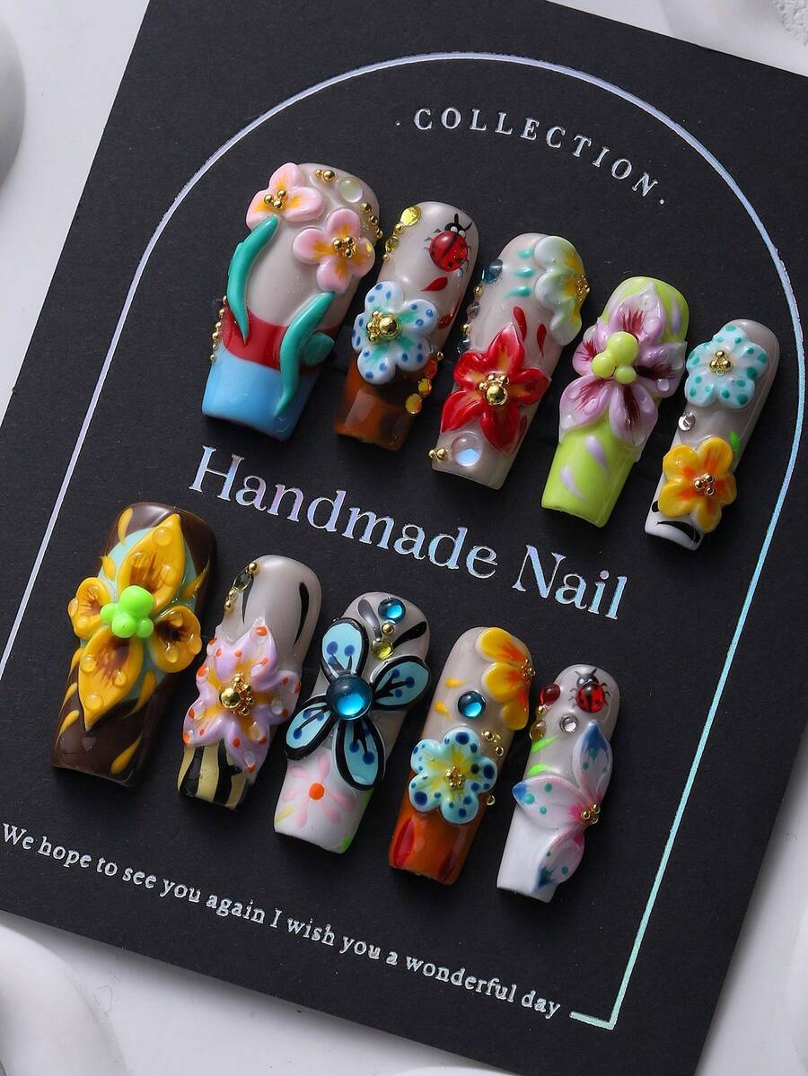 10 片热带花卉和昆虫浮雕 3D 指甲贴，复古 Y2K 坏蛋风格，优雅，适合女性和女孩按压指甲美甲用品