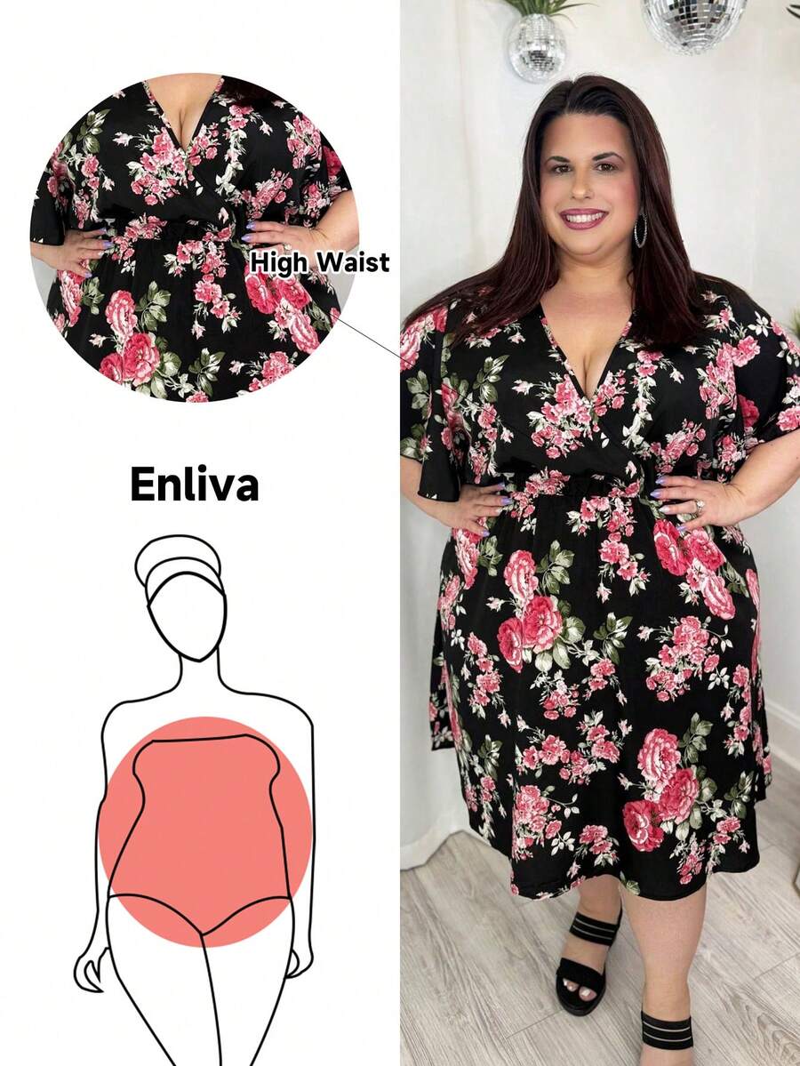 Enliva Jennifer_samantha_style Plus Floral Print Butterfly Sleeve A-Line Dress, For Apple Rounded Body Shape - Multicolor - View 1