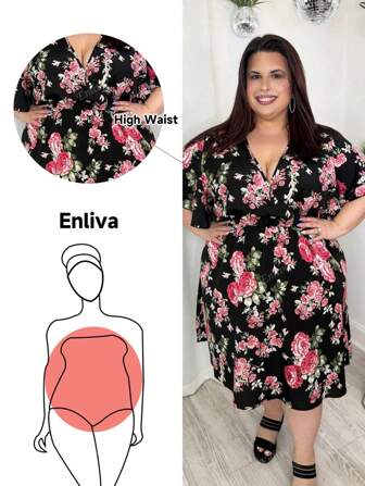 Enliva Plus Floral Print Butterfly Sleeve A-Line Dress