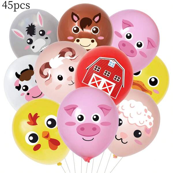 45 pezzi Set di palloncini di lattice a tema fattoria, 12 pollici 9 stili di palloncini colorati a stampa di simpatici cartoni animati animali, decorazioni per feste a tema fattoria, eventi a tema, feste di compleanno