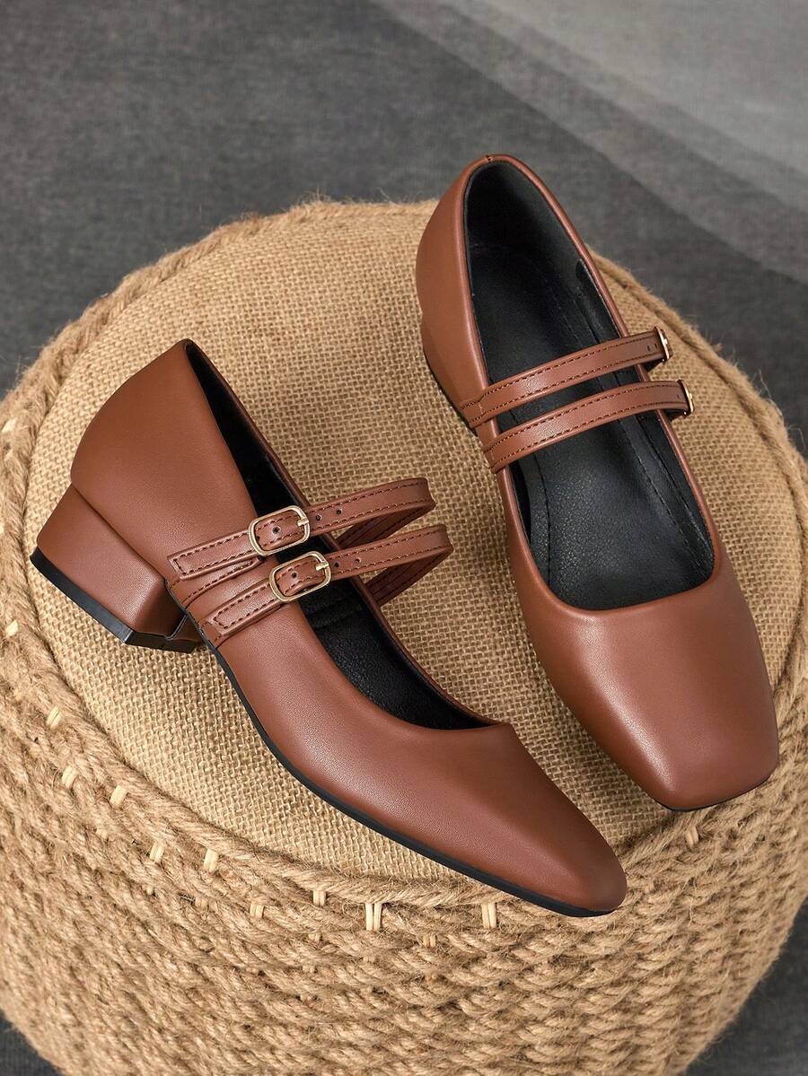 MonaNise 女士 3 厘米布面高跟鞋黑色时尚百搭海军蓝、咖啡色、酒红色粗跟低跟玛丽珍鞋 - 棕色 - 查看 1