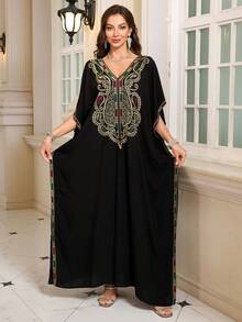 Bohemian Black Embroidery Kaftan 2025 Summer Plus Size Batwing Sleeves House Dress Vacation Outfits