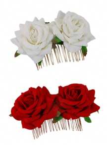 新娘发梳，仿天鹅绒玫瑰发梳头饰，双玫瑰发梳，发梳。情人节配饰 - 多色 - 查看 13