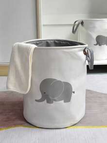 1pc Extra-Durable Elephant Print Laundry Basket - Versatile Storage For Clothes, Toys & More - Round Organizer For Bedroom, Bathroom, Living Room, Laundry Baskets - White - View 1