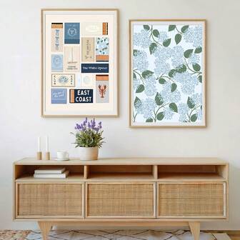 1/2 件蓝色火柴盒拼贴墙面艺术画浅蓝色绣球花印刷帆布画沿海千禧一代海报学院风东海岸美学装饰卧室、客厅或房间装饰礼物送给她无框