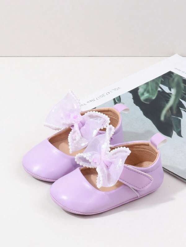 New Infant Leather Shoes, Matte Leather Spring/Autumn Shoes, Hook And Loop Bowknot Princess Shoes, Anti-Slip Rubber Sole Toddler Walking Shoes