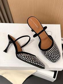 Xin Jing Shoes Fall/Winter Women's Casual Sexy Fashion Round Toe Rhinestone Hollow Back Commuting Mid-Heel Shoes, Elegant, Mule, Party