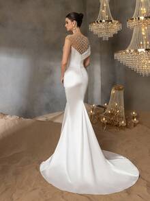 Faeriesty Elegant Rhinestone Detail Ruched Front Beaded Mesh Insert Satin Wedding Dress,Party Dress,Gown,Formal,Evening,Wedding Guest - White - View 2