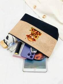 可爱高地牛主题手提包套装，包含一个手提包和一个黑色零钱包，饰有可爱高地牛和卡通向日葵图案，大容量手提包、单肩包、亚麻购物袋、沙滩包。