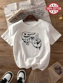 100% Cotton T-shirt | Shipped from Mexico | High-quality breathable fabric | Women's black and white loose short-sleeve cotton print Black T Shirt With Hand Illustration |Machine Washable|Crew Neck Sporty Casual Top|Comfortable and Trendy Fashion| - Blanco - Ver 2