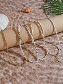 4pcs Bohemian Style Random Color Glass Bead Starfish Pendant Layered Necklace Set, Suitable For Beach, Vacation, Party - Beige - View 3