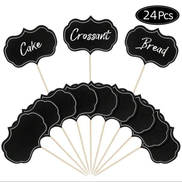 24 pièces Marqueurs à fromage pour planche à charcuterie, étiquettes de buffet, repères alimentaires, cure-dents vierges avec drapeaux, enseignes d'amuse-gueules, décorations de cupcakes ardoisées pour mariage, anniversaire et fête (Noir)