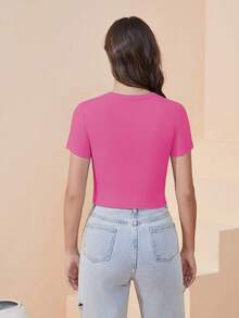 Camiseta de manga corta estampada de mezclilla sintética acanalada Odell de algodón de 210 g - Rosa - Ver 4
