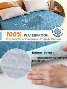 1pc Waterproof Quilted Fitted Sheet Protector Set, Fits Queen/King Size Bed, Soft, Dust-Proof, Removable & Machine Washable - Blue - View 5