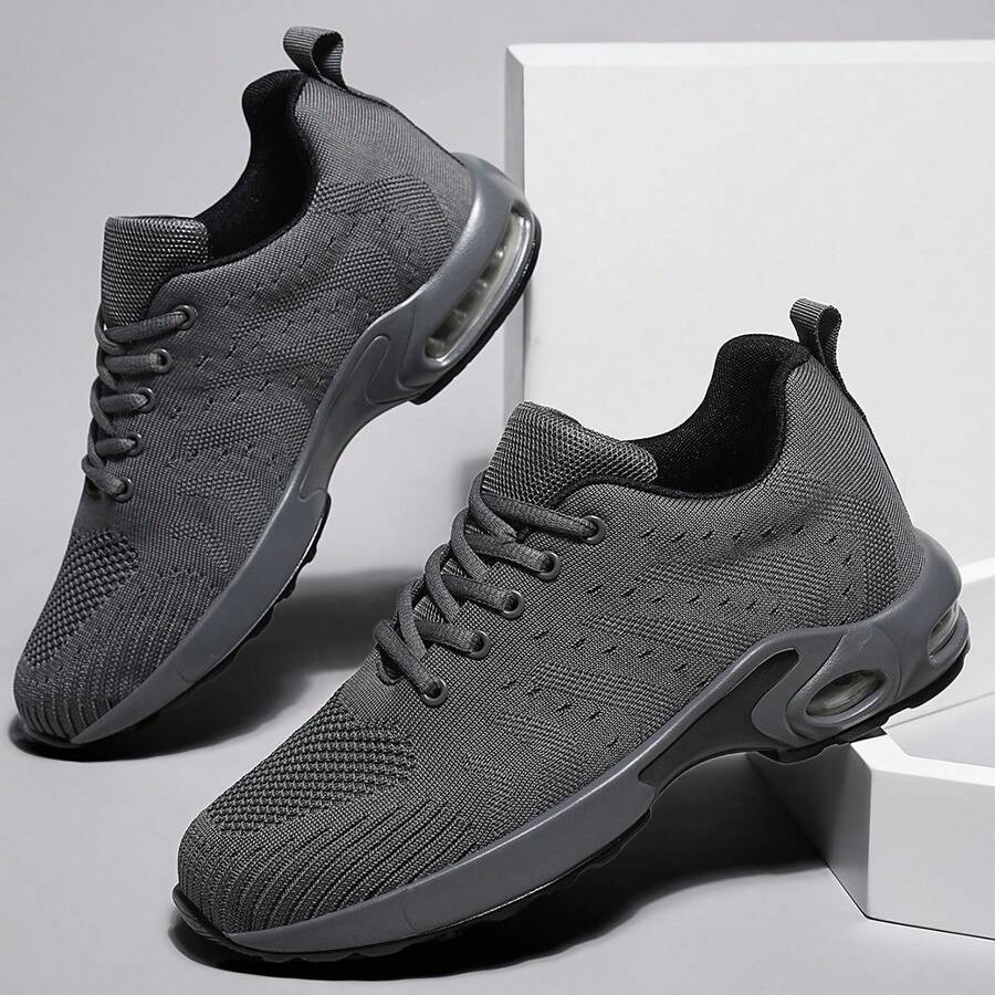 男士透气气垫圆头低帮系带运动鞋，针织面料休闲运动鞋，适合日常穿着，舒适、减震、耐磨