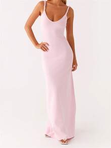 Women Sleeveless Dress Summer Solid Color Twisted Straps V-Neck Backless Party Dress For Vacation Beach Streetwear - Hồng - Xem 1