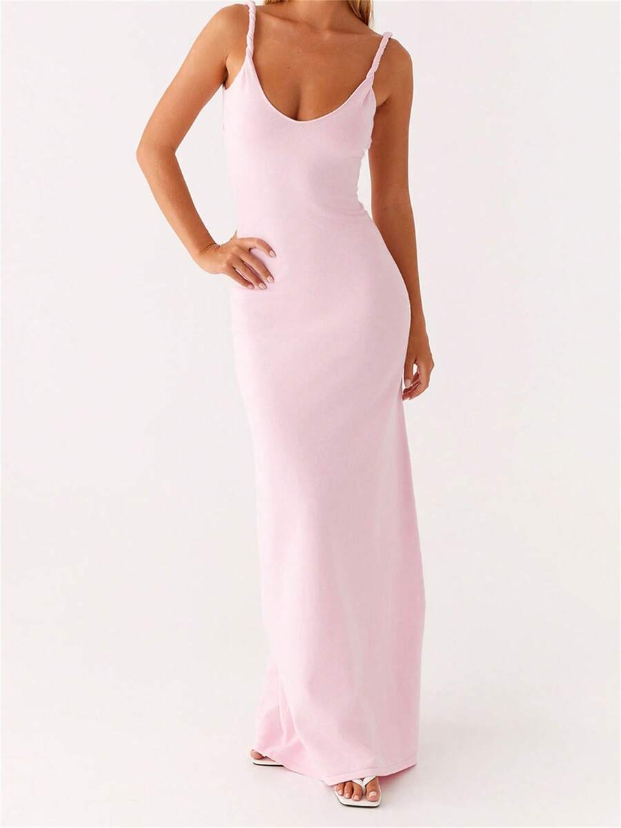 Women Sleeveless Dress Summer Solid Color Twisted Straps V-Neck Backless Party Dress For Vacation Beach Streetwear - Hồng - Xem 1