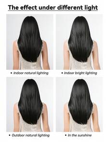 女士长直黑发刘海分层假发，透气舒适，自然逼真，适合派对使用 - 24 英寸 - 黑色 - 查看 9