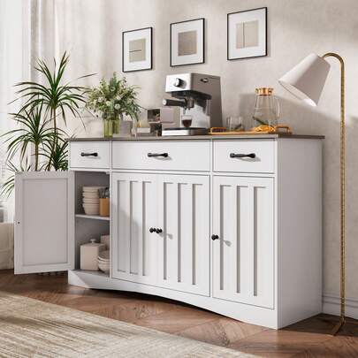 Lofka Sideboard Buffet Cabinet With Storage, Modern Kitchen Sideboard And Coffee Bar With Drawers And Doors, Wood Buffet Table For Dining Room, 15.2" D X 55.1" W X 31.9" H, White/Brown