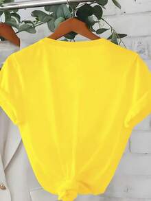 Ladies Cat Eating Noodles Print Short Sleeve Round Neck T-Shirt - Yellow - View 2