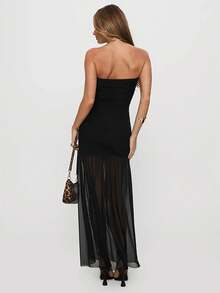 Chic Strapless Mesh Bodycon Maxi Dress With High Slit - Sexy Hot Girl Vacation Style