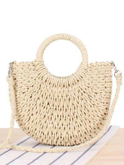 轻巧半圆形编织草编包，女士夏季斜挎包，休闲沙滩手提包，适合节日迷你简约草编包，母亲节礼物，适合妈妈，适合少女，女大学生，非常适合大学、户外、旅行、郊游