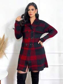 Casaco Xadrez Feminino Sobretudo com Botões Tricot Moda Inverno Blusa de Frio Tricô - Marrom - Visão 4