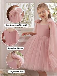 Robe de fête avec nœud pour jeune fille, robe de princesse élégante avec tulle en maille, convient pour les anniversaires de filles, les cadeaux, les bals, les occasions festives, les mariages, les robes de demoiselle d'honneur, les tenues de fête de vacances, la robe de Thanksgiving - Rose bonbon - Voir 3