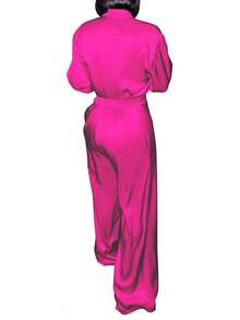 Women's Simple Elegant Plain Blouse And Trouser 2 Pieces Set, Autumn Spring - Màu Hồng Tươi - Xem 2